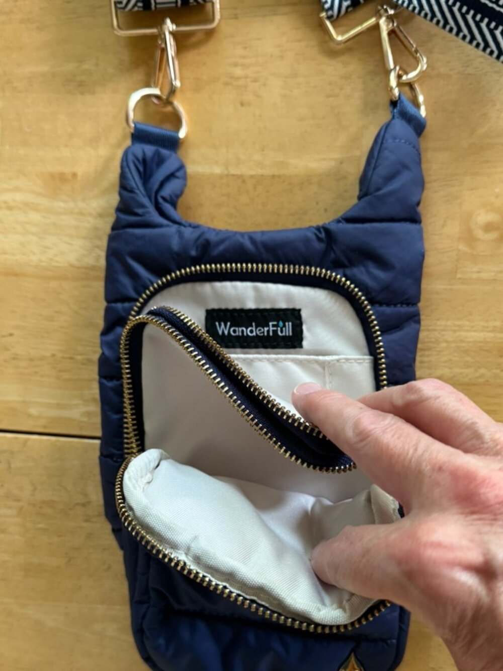 Wanderfull crossbody hydro navy quilted bag purse with gold zipper trim